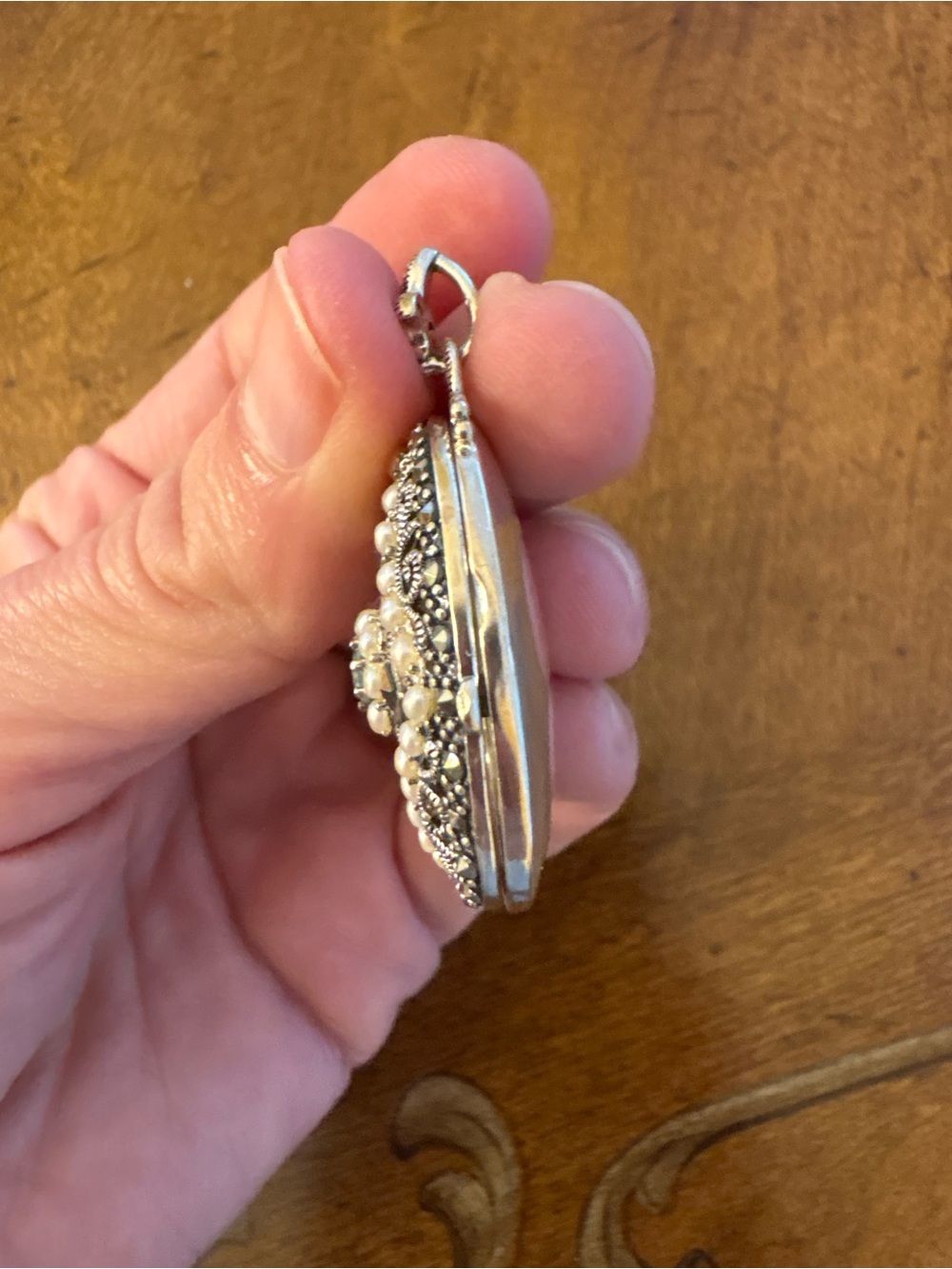 Vintage 925 Sterling Silver Marcasite Pearl Locket Pendant Gothic 1.75” - Picture 12 of 15
